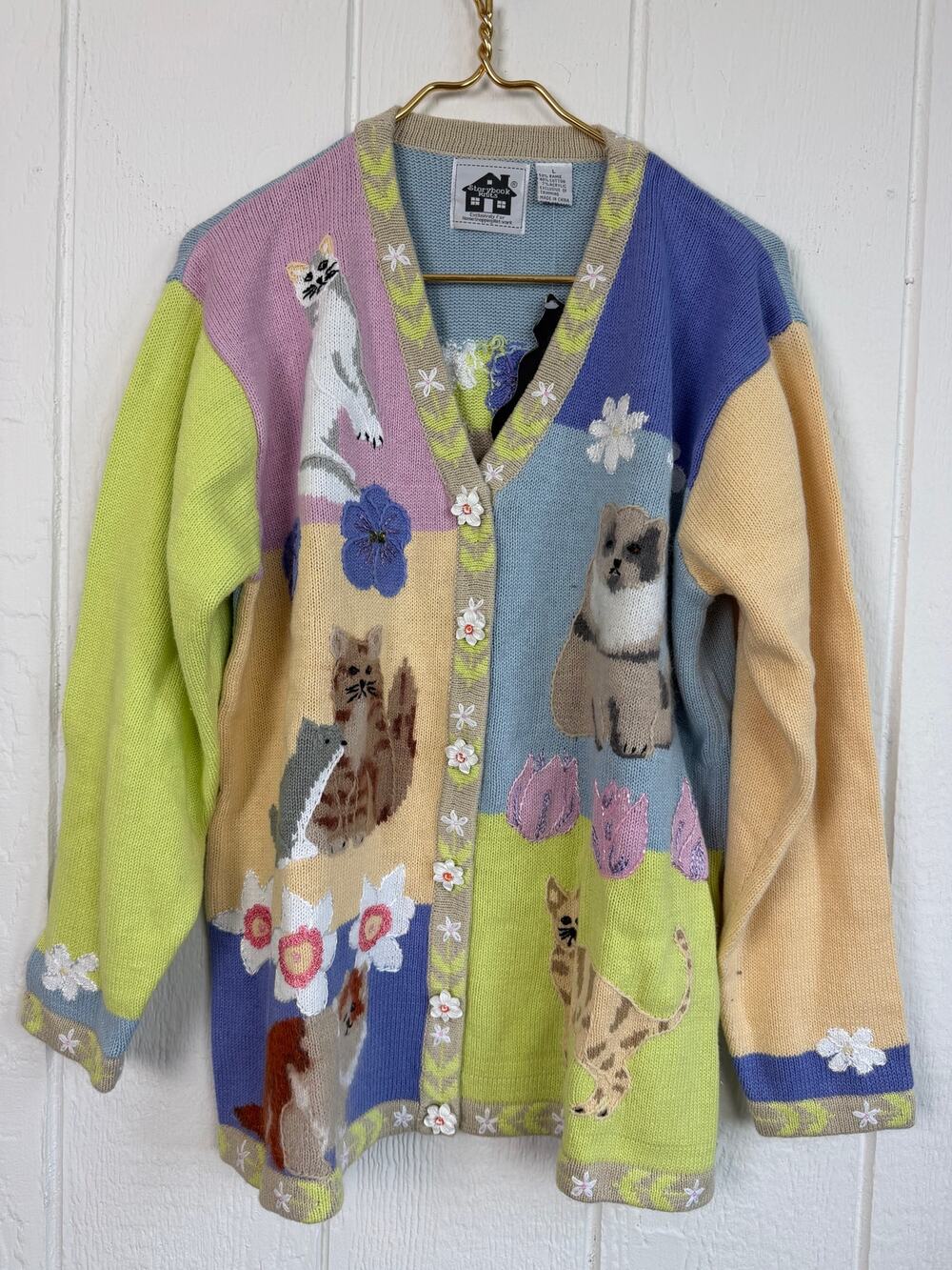 NWT Storybook Knits Cat Cardigan Large Pastel 3D Floral Whimsical Cottagecore